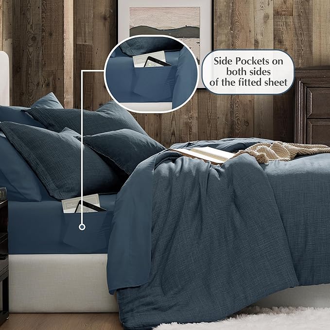 Geniospin King Size Comforter Set- 7 Piece Navy Blue Textured King Bedding Set, Soft Solid Bed in a Bag for All Season, King Comforter Set with Sheets(Navy Blue,102''x90'')