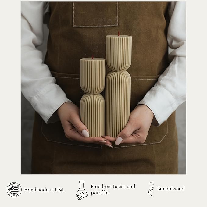 LAWA Hourglass Pillar Candle - Large Beautiful Handmade Pillar Scented Soy Wax Candle Elegant Bubble Aesthetic Candle Housewarming Gift Home Room Shelf Decor Idea Olive Beige (Set of 2)