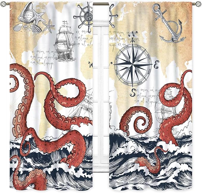 Nautical Octopus Curtains, Coastal Old Pirate Map Sailboat Compass Ocean Wave Kraken Octopus Tentacles Vintage Window Drapery Treatment for Bedroom Living Room Kitchen Bathroom 2 Panels, 63"x63" Inch