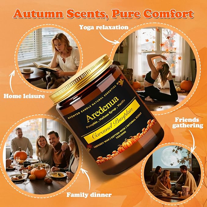 Fall Candles - Caramel Pumpkin Candle | Halloween Pumpkin Candles - Autumn7 OZ Autumn Soy Candle for Home Scented - Cozy Autumn Home Décor, Perfect Halloween & Thanksgiving Gift