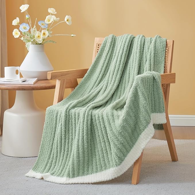 Snuggle Sac Soft King Size Blanket for Bed, Cozy Soft Fuzzy Microfiber Knit Stripe Bedding Blankets, Sage Green, 108x90 inches