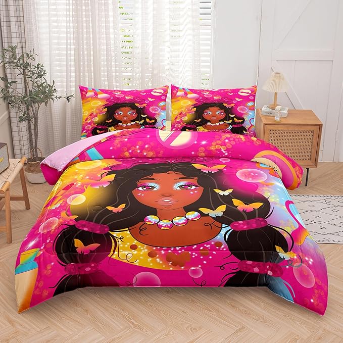 Tailor Shop Kawaii Black Girl Comforter Set King Bedding Sets for Girls Fantasy Magic Cosmetic Pink Comforter African American Black Girl Bedding Set Girls Room Decor with 2 Pillowcases