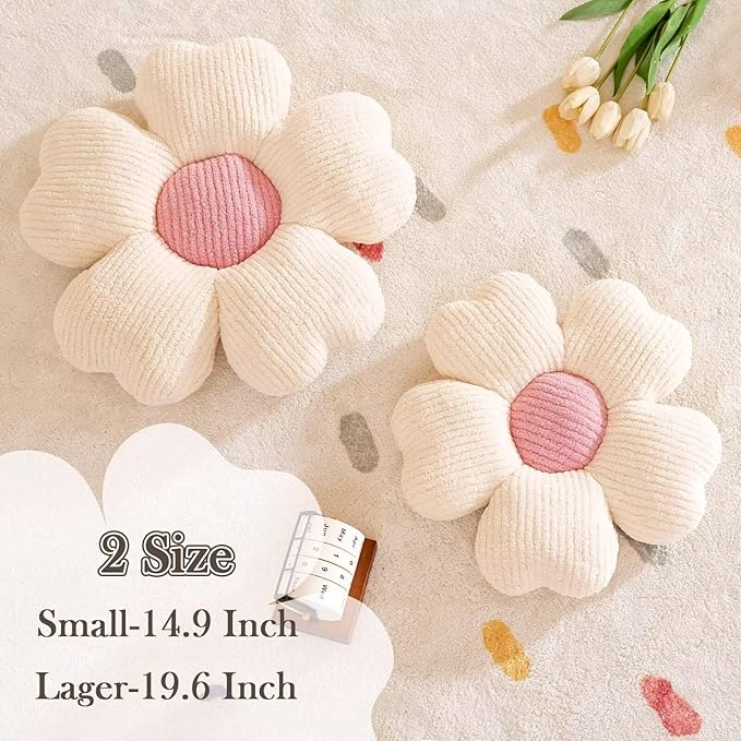 Flower Throw Pillow, Cute Flower Shaped Pillow Decorative Throw Pillow for Bed Couch, Soft Daisy Pillows Floor Seating Cushion Cushions (14.9 Inch Ivory+Pink)