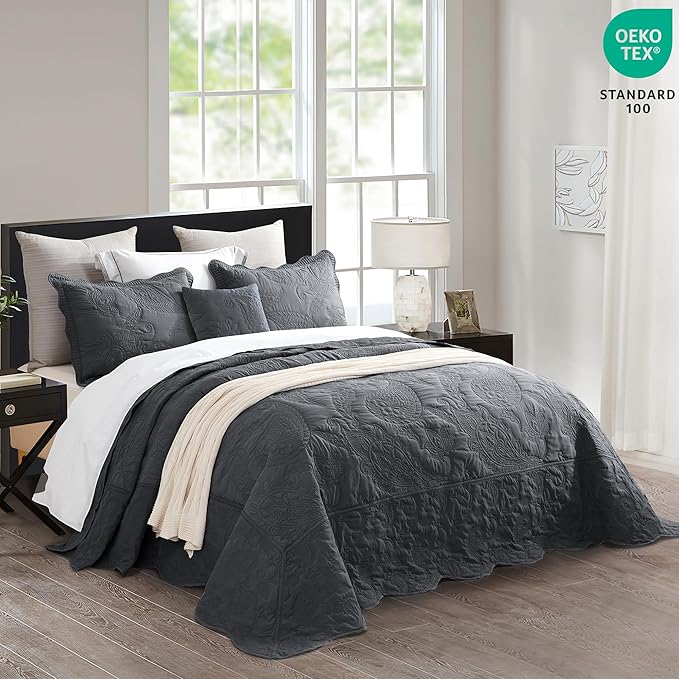 HZ & HY Queen Size Bedspread, Quilted Coverlet Bedding Set, Lightweight Thin Comforter, Reversible, Luxurious, 5 Piece, 100% Microfiber, Queen, Dark Grey