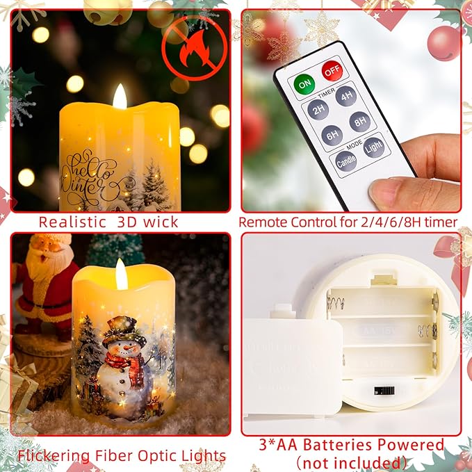 Christmas Flameless Flickering LED Candles with Remote Timer,Battery Operated 3D Wick Pillar Candles Fiber OIptic Decorative Lights Set of 3 for Decorations Indoor