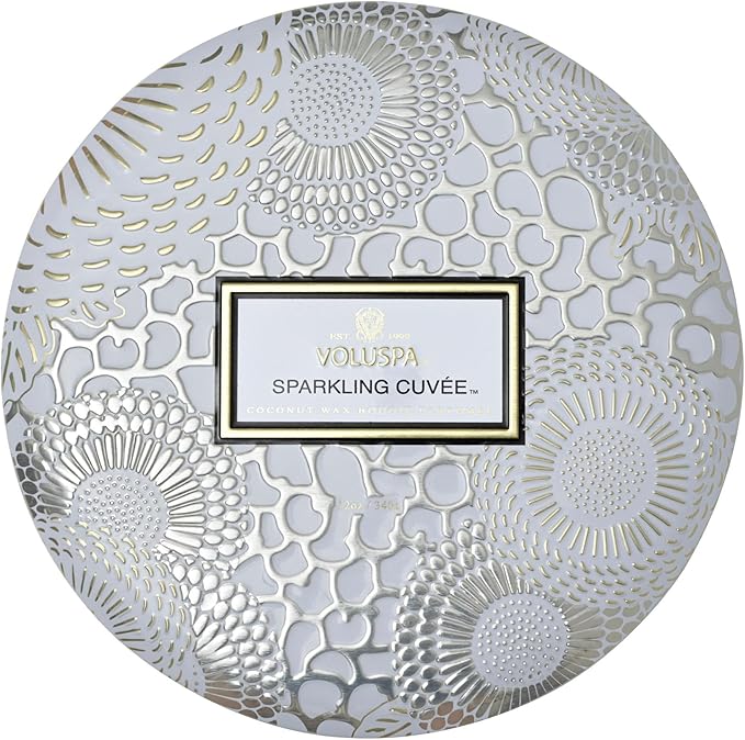 Voluspa Sparkling Cuvee, 3 Wick Tin Candle, 12 Ounce, 40 Hour Burn Time, Coconut Wax for Clean Burning, Handcrafted in The USA