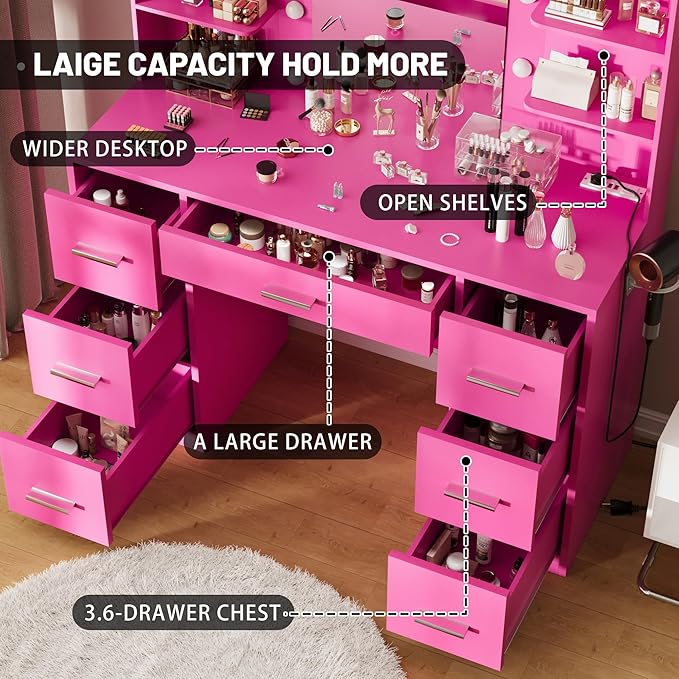 Furmax Vanity Desk with Mirror, LED Lights and Power Outlet Makeup Vanity Table with 7 Drawers and 6 Storage Shelves Dressing Table for Bedroom Dressing Room (Rose Pink)