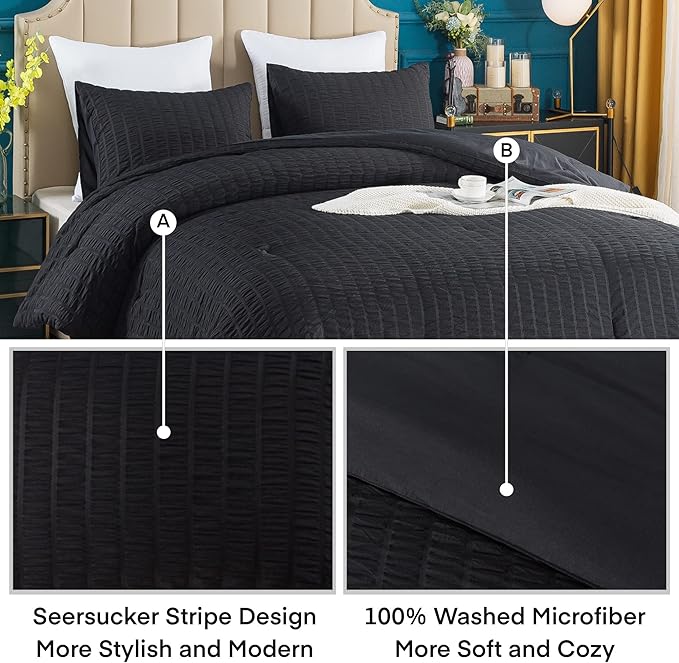 AveLom Black Seersucker California King Comforter Set (104x96 inches), 3 Pieces-100% Soft Washed Microfiber Lightweight Comforter with 2 Pillowcases, All Season Down Alternative Bedding Set