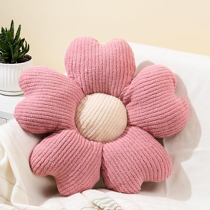 Sioloc Flower Shaped Throw Pillow, Fun Daisy Pillow, 15.7" Pink Flower Pillow Cute Decorative Seat Cushion Aesthetic Flower Plush Pillows for Bed Sofa Chair