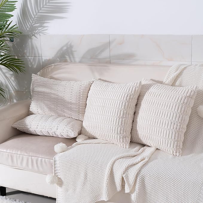 Corduroy Decorative Throw Pillow Covers 16x16 Inch Set of 2, Soft Boho Striped Spring Pillow Covers Modern Farmhouse Home Decor for Sofa Living Room Couch Bed Cream White
