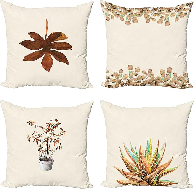 Ambesonne Botanical Throw Pillow Cushion Case Pack of 4, Minimalist Watercolor Painting Leaves Agave Branches Plant in a Pot, Modern Accent Double-Sided Digital Printing, 18", Chocolate and Pale Brown