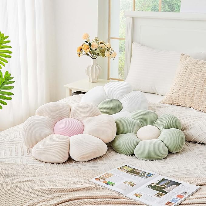 Beige Flower Pillow, 14.9" Cute Flower Shaped Floor Pillow, Aesthetic Floral Plush Daisy Decorative Throw Pillows for Bed Sofa Couch