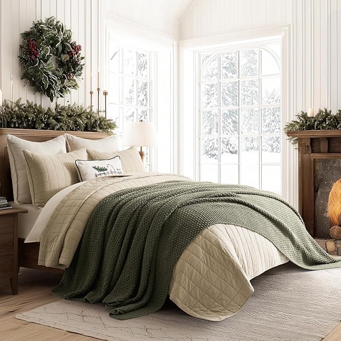 EVERGRACEHOME Chunky Chenille Knit Throw Blanket for Couch, Soft Luxurious Oversized King Moss Stitch Blanket for Bed, Large Cozy Farmhouse Knitted Throw for Sofa, Olive Green, 92" x 108"