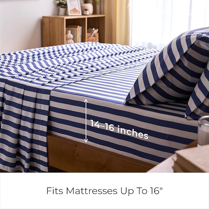 Mellanni Split King Sheets Set - 5 PC Iconic Collection Bedding - Hotel Luxury, Extra Soft, Cooling Bed Sheets - Wrinkle, Fade, Stain Resistant (Split King, Oxford Stripe Blue Nova)
