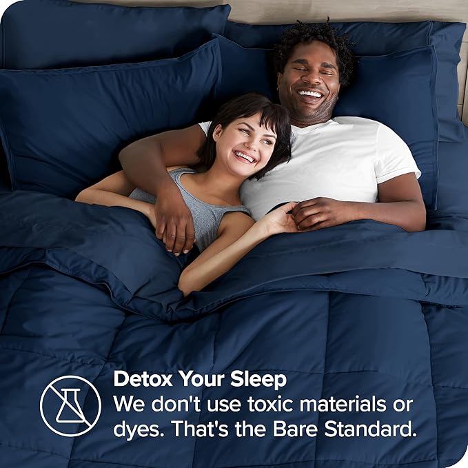 Bare Home Bed-in-A-Bag 8 Piece Comforter & Sheet Set - Split King - Goose Down Alternative - Ultra-Soft 1800 Premium Bedding Set (Split King, Dark Blue/Dark Blue)