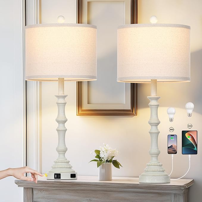 27.5" Tall Table Lamp for Living Room Set of 2, Vintage Farmhouse Table Lamps with USB C+A Ports, 3-Way Dimmable Touch Bedside Lamps, Tradition Bedroom Lamps for Nightstand Side End Table Desk, White