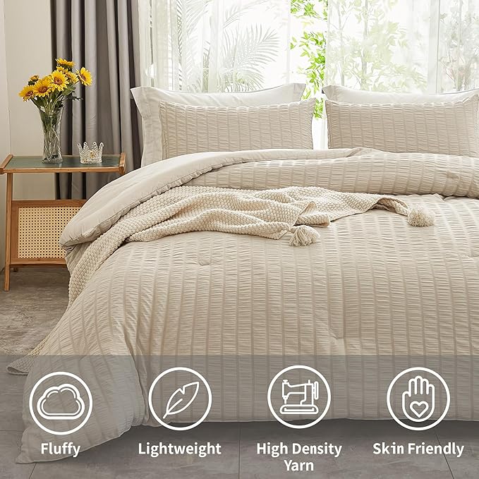 AveLom Beige Seersucker Full Comforter Set (80x90 inches), 3 Pieces-100% Soft Washed Microfiber Lightweight Comforter with 2 Pillowcases, All Season Down Alternative Comforter Set for Bedding