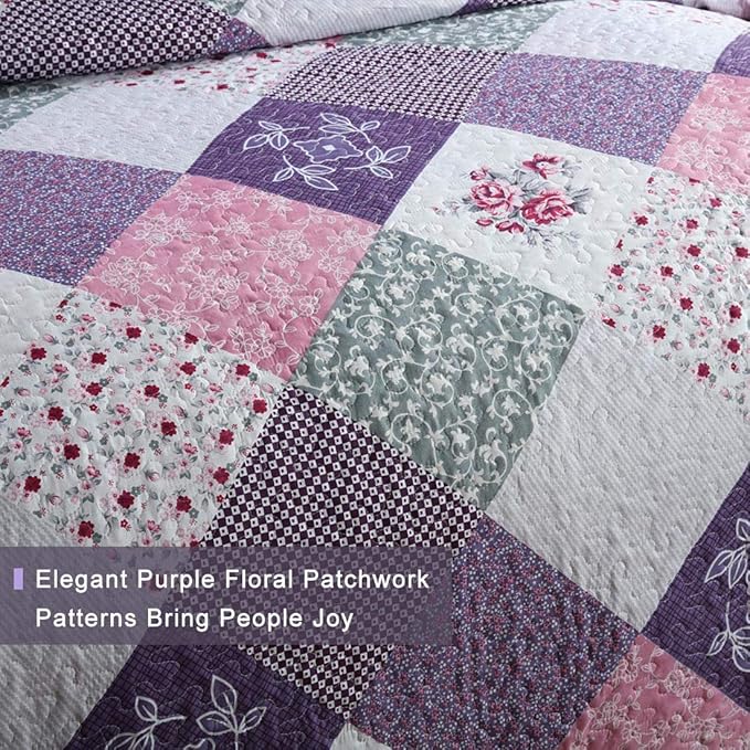 Homcosan Quilt Bedspreads Sets King Size (98x106 inches), Reversible Purple Floral Patchwork Patterns, Lightweight Coverlet for All Season, 3-Piece Bedding (1 Quilt + 2 Pillow Shams)