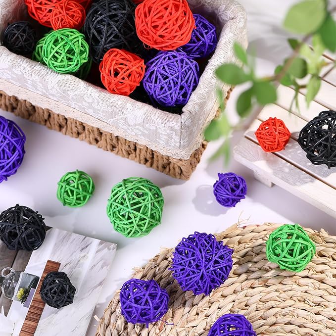 Patelai 36 Pcs Wicker Rattan Balls Decorative Balls for Vase Centerpiece Bowls Orbs Filler for Home Decor,4 Sizes(Orange, Purple, Black, Neon Green)