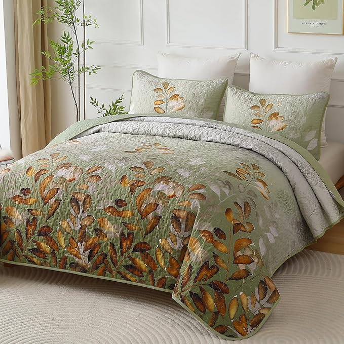 WONGS BEDDING Quilt Set King Size,3 Pieces Green-Brown Floral Bedspread Coverlet Set, Soft Microfiber Lightweight Floral Bedding Set King 104"×90"