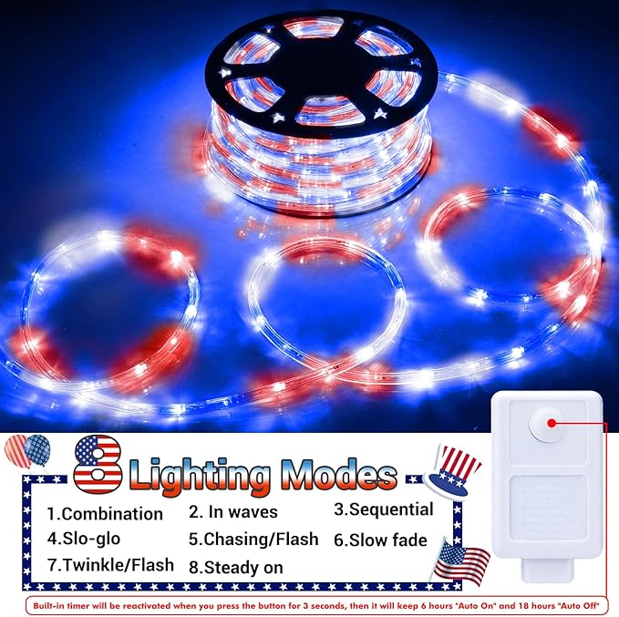 150ft LED Rope Lights Outdoor, 1080 LED Flexible Tube Lights with 8 Modes, Waterproof LED Rope Lighting for Independence Flag Day, Memorial Day, National Day, Outdoor,Indoor Decor (Red & White & Blue)