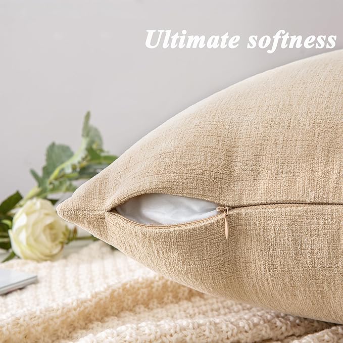 GAWAMAY Decorative Rectangle Throw Pillow Covers 12"x20" Inch Set of 2, Soft Chenille Fall Lumbar Support Pillow Cases for Living Room Bedroom Sofa Couch Cushion Cover Beige 30x50cm (No Inserts)