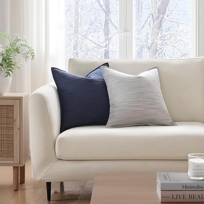 Meekio Set of 2 Navy Blue Pillow Covers 20x20, Linen Look Throw Pillow Covers with Flange Edge for Sofa Couch Living Décor
