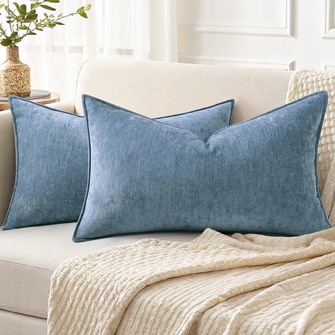 decorUhome Couch Throw Pillow Covers 12x20 Set of 2, Decorative Soft Euro Neutral Chenille Lumbar Pillow Covers with Elegant Design for Sofa Bed Living Room Home Decor, Blue