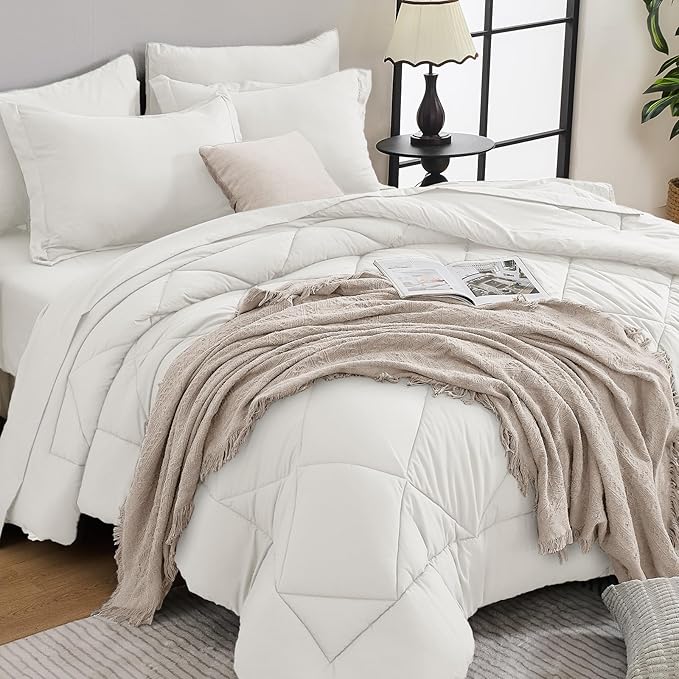 HEVUMYI Ivory King Comforter Set - 7-Piece All Season Bed in a Bag King, Ultra Soft Bedding Set with Comforter, Flat Sheet, Fitted Sheet, Pillowcases, Pillow Shams