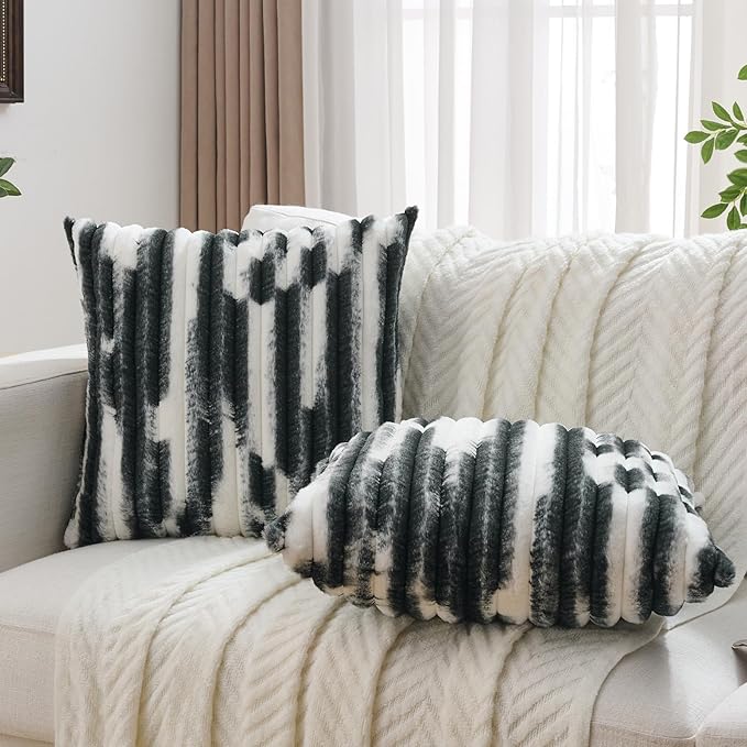 FUTEI Black Decorative Throw Pillow Covers 20x20 Inch Set of 2, Soft Tie-Dye Faux Rabbit Fur Striped Texture Cushion Case, Modern Home Decor for Couch Bed Living Room