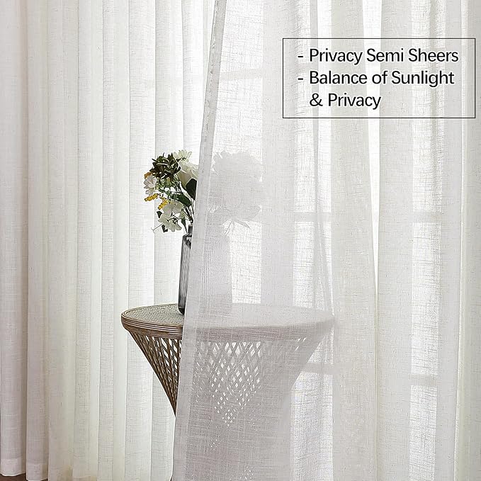 Neutral Linen Sheer Pinch Pleated Sliding Door Curtains, 2x50 Inches Width, Ivory Beige Light Filtering Drapes 84 Inches Long, Textured Modern Farmhouse Window Curtain Panels