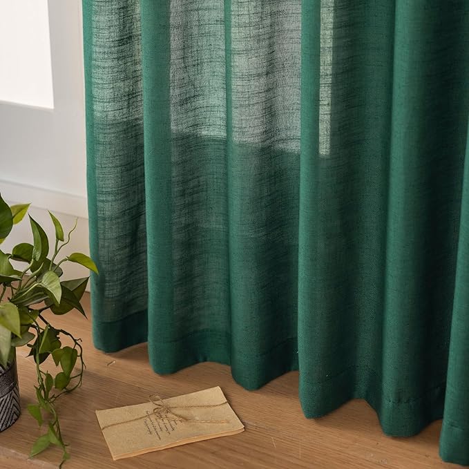 Emerald Green Curtains Semi Sheer 102 Inch Long, Dark Linen Textured Light Filtering Drapes for Living Room, Hunter Green Window Decor, Floor to Ceiling Pinch Pleat Curtain with Hooks
