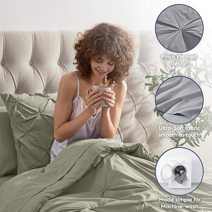 Nestl Twin Comforter Set 5 Piece, Pintuck Twin Bedding Set Light Sage, College Dorm Room Essentials for Girls and Boys Bed in a Bag Twin All Season, Twin Comforter Set with Sheets, Pillowcase and Sham