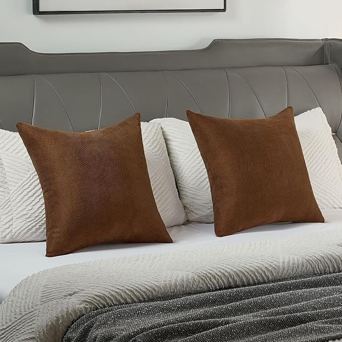 FUTEI Dark Brown Chenille Throw Pillow Covers 18x18 Inch Set of 2,Soft Wide Chevron Textured Cushion Case,Farmhouse Home Decor for Couch Living Room