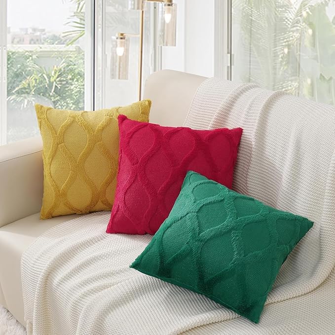 decorUhome Christmas Throw Pillow Covers 16x16 Inch Set of 2, Soft Plush Faux Fur Wool Green Couch Pillow Covers, Decorative Neutral Pillow Cases for Bed Sofa Living Room Home Decor