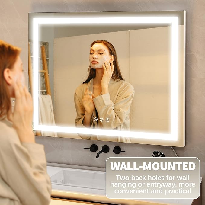 FENNIO 23" x 18" Vanity Mirror with Lights，LED Makeup Mirror，Hollywood Mirror with 3 Color Modes & Adjustable Brightness，Vanity Mirror Square White