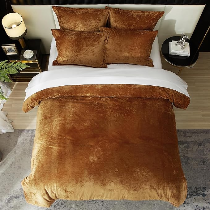 Ivellow Luxury Velvet Comforter Set King Size - 5pcs Ultra Soft Breathable Bedding Set with 1 Comforter, 2 Pillow Shams, 2 Euro Shams - Harvest Gold