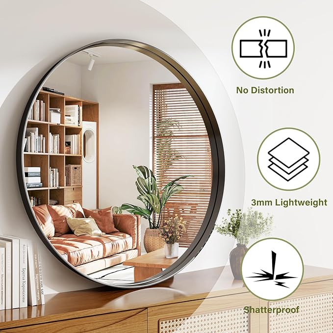 36 Inch Round Bathroom Mirror - Wall Mounted Circle Mirror with Metal Frame, Modern Mirror Suitable for Bathroom, Vanity, Entryway, Living Room, Wall Decor,Black