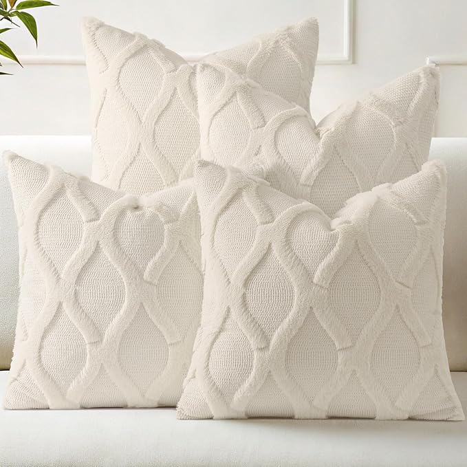 decorUhome Set of 4 Beige Throw Pillow Covers 18x18 Inch, Neutral Decorative Soft Plush Faux Wool Couch Pillow Covers, Farmhouse Pillow Cases for Living Room Bed Sofa