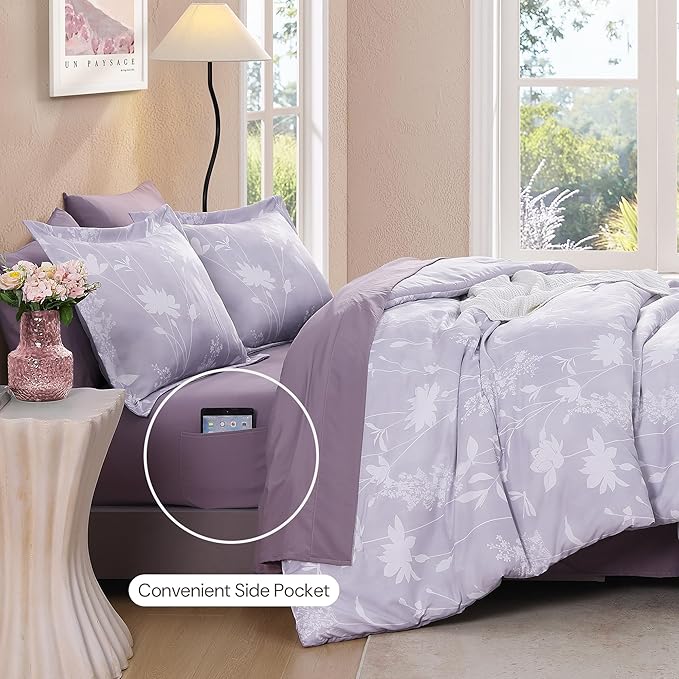 Queen Comforter Set -7 Pieces Floral Purple Comforter Set for All Seasons, Bed in a Bag Queen with Botanical Flowers Comforter, Sheets, Pillowcases & Shams