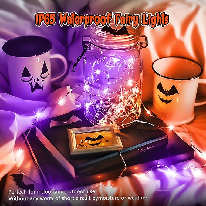 Brightown 12 Pack Purple Orange Fairy Lights Battery Operated String Lights - 7ft 20 LED Waterproof Short Micro Firefly Light for Halloween Decor, Pumpkin DIY Craft, Paper Lantern Decoration