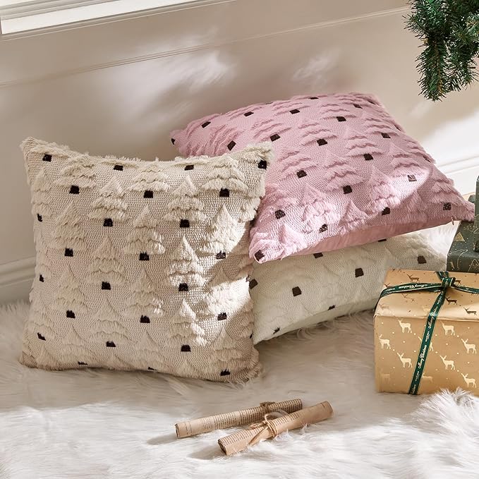 MIULEE Christmas Tree Decorative Pillow Covers Faux Fur Wool Throw Pillows Soft Plush Cushion Covers Set of 2 Xmas Home Decor Winter Holiday for Sofa Couch Livingroom Bed 20x20 Inch Beige
