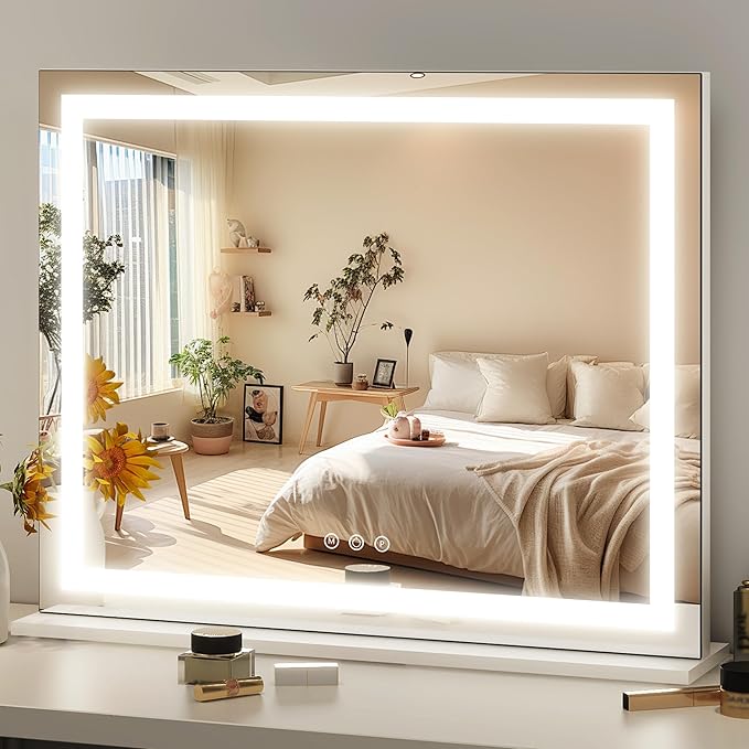 FENNIO 23" x 18" Vanity Mirror with Lights，LED Makeup Mirror，Hollywood Mirror with 3 Color Modes & Adjustable Brightness，Vanity Mirror Square White