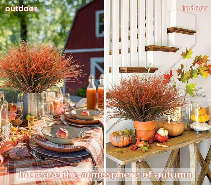 Artificial Fall Plants for Outdoors,Fake Grass Plant,Fall Leaf Stems,UV Resistant Greenery Fake Bushes Artificial Shrubs Wheat Grass Greenery Burnt Orange Plant Filler for Autumn House (Orange)
