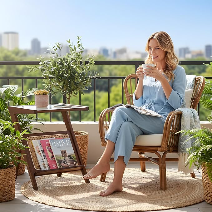Tiita Rattan Nightstand Side Table, Bamboo Accent Bedside Tables, Glass Coffee Tables, Boho Wooden End Table with Storage for Small Space, Living Room and Bedroom
