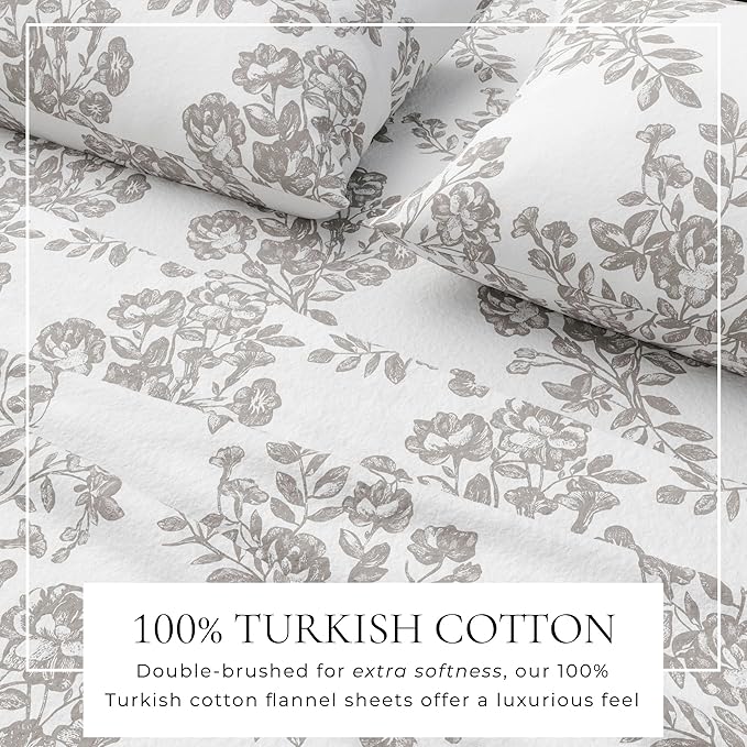Great Bay Home Flannel Sheet Set California King Size - 100% Turkish Cotton, Double-Brushed, Winter Floral Bed Sheets - Ultra-Soft, Cozy, 4-Piece Bedding Set (Toile - Grey)