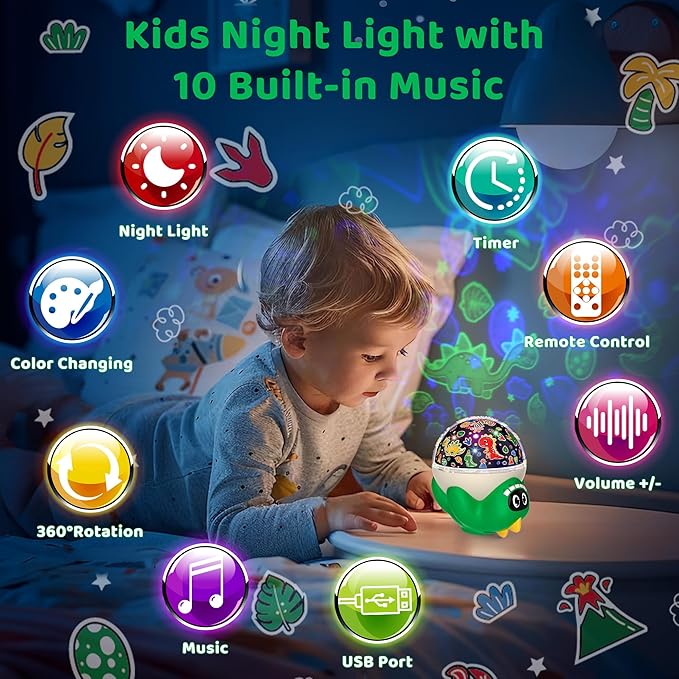 Dinosaur Night Light Projector for Kids Room, Boy Girl Dino Lamp with 10 Soothing Music& Timer, Remote Control, Colorful Projection Effect, High Brightness, Birthday Gifts Dinosaur Toys for Kids 3-7