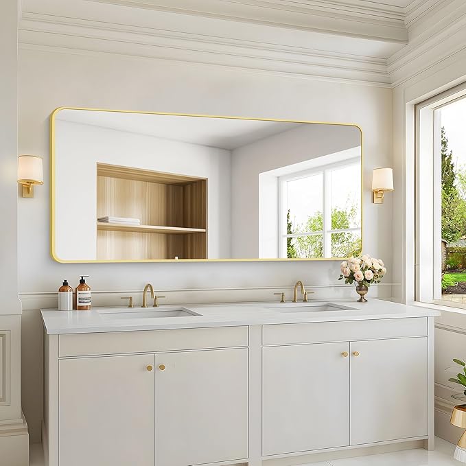 30"x60" Gold Bathroom Mirror, Large Rectangle Mirror, Rectangular Wall Mirror, Rounded Corner Vanity Mirror with Aluminum Metal Frame for Bathroom Bedroom Living Room