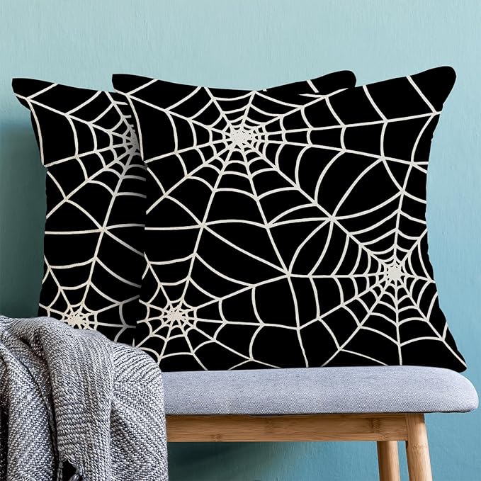 Halloween Pillow Covers 18 x 18 Inch, Black Cream Spider Webs Decor Throw Pillows for Home Couch Bed, Fall Autumn Outdoor Holiday Decorative Pillowcase Linen Cushion Cover Set of 2
