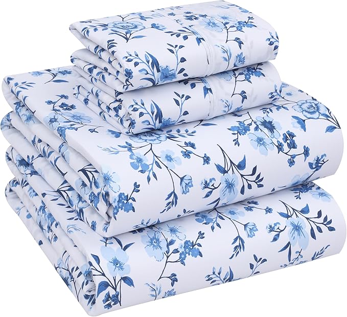 RUVANTI 100% Cotton King Size Sheets Set, 4 Pieces, Soft & Breathable Percale Weave Bedding, Deep Pocket 16", Hotel Standard, Crisp Cool Feel, Durable, Perfect Floral Bed Sheet, Annual